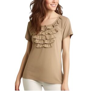 Ann Taylor Ruffle Button Front Tan Short Sleeve Tee Size Large